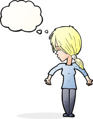 cartoon woman shrugging shoulders with thought bubble