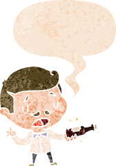 cartoon wine expert and speech bubble in retro textured style