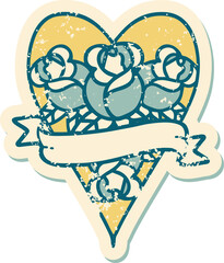 distressed sticker tattoo style icon of a heart and banner with flowers