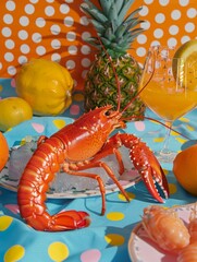 A vivid image showcasing a lobster surrounded by a setup of fruits, ice, and summer vibes with a playful patterned background