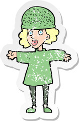 retro distressed sticker of a cartoon woman wearing winter hat
