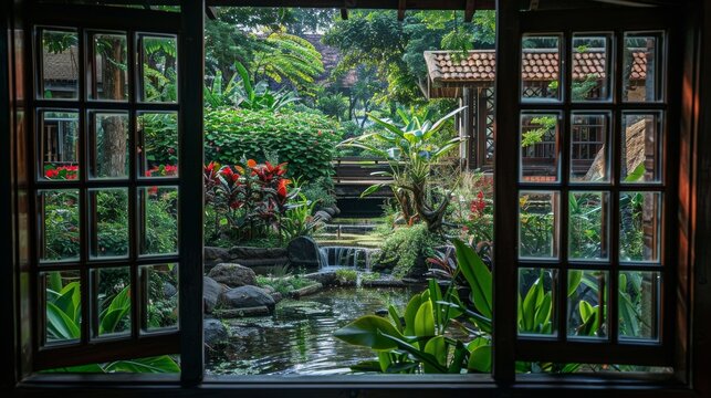 Fototapeta  A photo of a garden view with a stream, seen from a window. The stream is surrounded by trees and plants, and there is a small house in the background.
