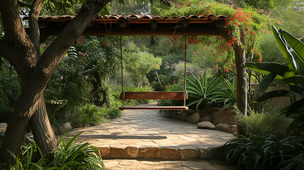 Swing Seat in Beautiful Garden Setting at Tecate Rancho La Puerta, Ideal for Relaxation and Vacation Concepts, Generative Ai