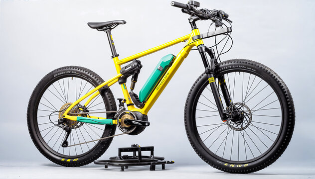 The image shows a close up of a full suspension electric mountain bike with a yellow and green color scheme. The bike is standing on a gray surface