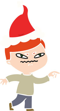 flat color illustration of a angry man pointing wearing santa hat