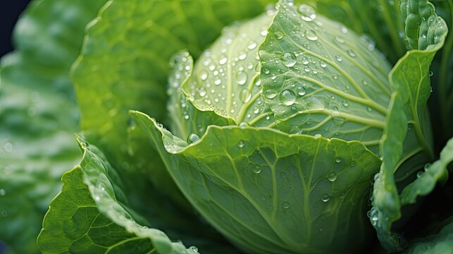 Close up of ripe cabbage with water drops