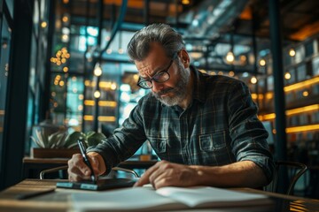 A middle-aged man with glasses at his desk takes notes and writes something on an electronic tablet, a businessman in the office while working - obrazy, fototapety, plakaty
