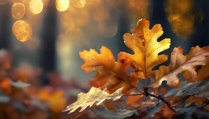 beautiful autumn leaves oak leaves lit by sunlight in late afternoon beautiful nature in autumn