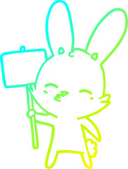 cold gradient line drawing curious bunny cartoon with placard