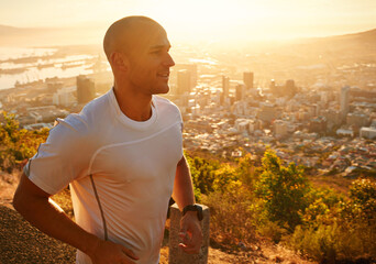 Fitness, running and man at sunset on cliff for health, wellness and strong body development....