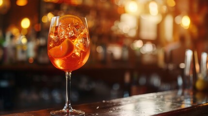 Aperol Spritz cocktail on bar background. Glass of alcoholic drink - obrazy, fototapety, plakaty