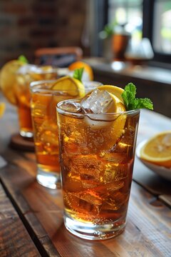 A glass of iced tea with ice cubes