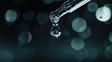 Close-up of a Glass Dropper Dispensing a Single Drop with Bokeh Light Background