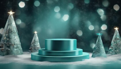 empty turquoise blue christmas podiums for product presentation teal christmas background with mockup space and decoration 3d rendering 3d illustration