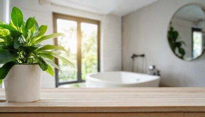 white bathroom interior empty wooden table top with plant for product display with blurred bathroom interior background