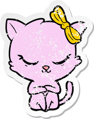distressed sticker of a cute cartoon cat with bow