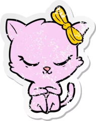 Fotobehang distressed sticker of a cute cartoon cat with bow © lineartestpilot