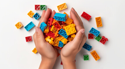The Hands holding colorful toy plastic bricks, and blocks for building toys on white background.
