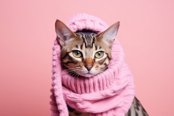 A cute cat bundled up in a soft pink scarf against a pink background. Cozy Cat in Pink Knitted Scarf
