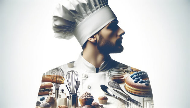 Naklejki Professional chef with pastry-themed double exposure