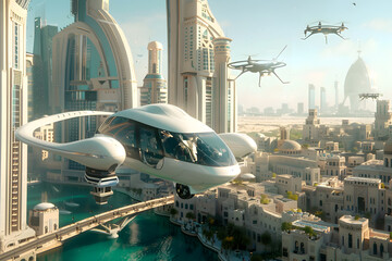A futuristic city with flying cars and advanced drones - obrazy, fototapety, plakaty