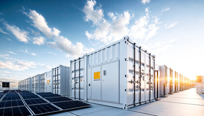 Obraz premium A large-scale solar power plant with rows of solar panels and battery storage containers