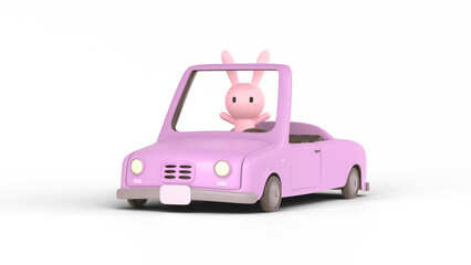 Rabbit and toy car isolated on white