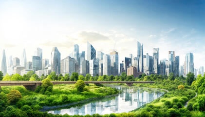 panoramic view of modern city with skyscrapers and river