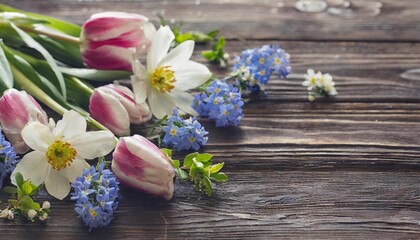 Naklejka na ściany i meble spring flowers on dark wooden background
