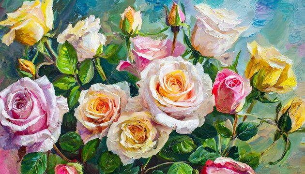 beautiful delicate roses painted with oil paints floral background