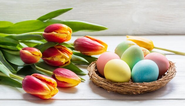 easter eggs and tulips on white background