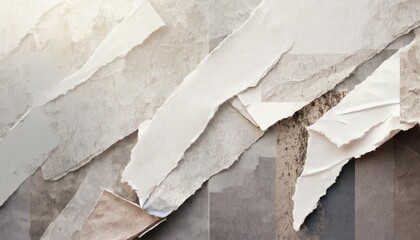 old white grunge ripped torn collage posters creased crumpled paper placard texture background with copy space for text or image