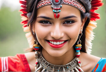 Close-up Beautiful smile woman mouth. Red Indians woman with blur nature background - 751499142
