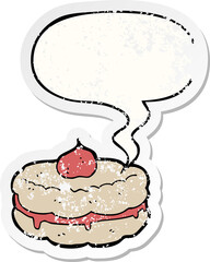 cartoon biscuit and speech bubble distressed sticker