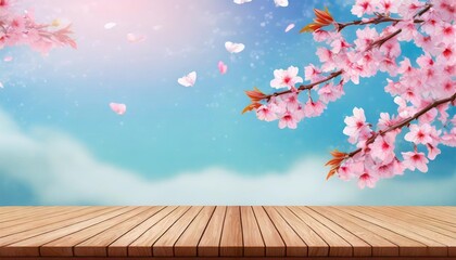 Naklejka na ściany i meble top of wood table with pink cherry blossom flower on sky background empty ready for your product display or montage illustration