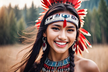 Close-up Beautiful smile woman mouth. Red Indians woman with blur nature background - 751499162