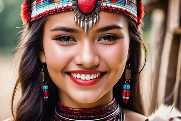 Close-up Beautiful smile woman mouth. Red Indians woman with blur nature background