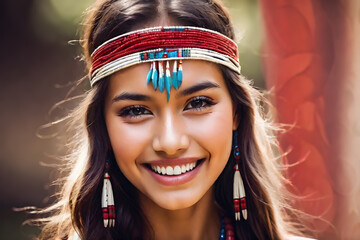 Close-up Beautiful smile woman mouth. Red Indians woman with blur nature background - 751499171