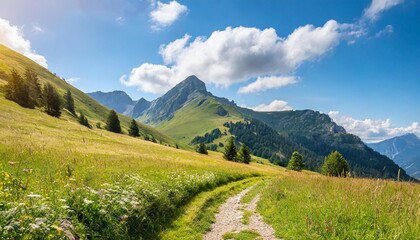 trail through alpine meadows and pastures mountainous rural landscape in summer sunny afternoon with fluffy clouds on a blue sky