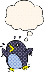 cartoon frightened penguin and thought bubble in comic book style