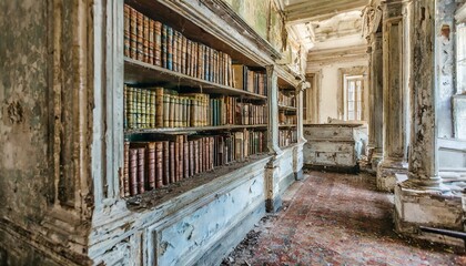 bookcase with antique books in an old abandoned mansion - obrazy, fototapety, plakaty