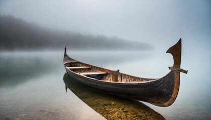 vikings boat in a fog generation - obrazy, fototapety, plakaty