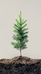 Young pine tree with vibrant green needles sprouting from rich soil