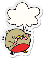 cartoon bird eating worm and speech bubble sticker