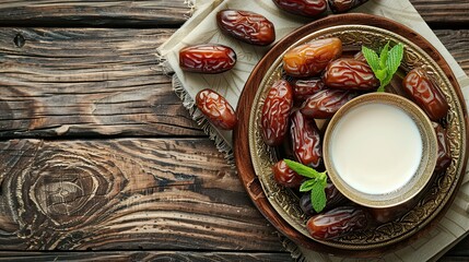A plate of dates and a glass of milk on an old textured wooden table for breaking the fast during...