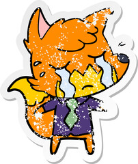 distressed sticker of a crying business fox cartoon