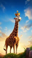 An amusing and majestic animated giraffe stands tall against a beautiful sunset sky, donning a royal crown as if overseeing its kingdom.