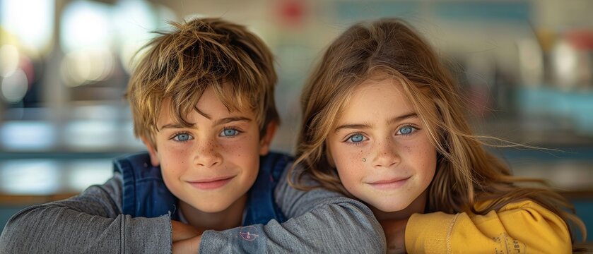 School lunch table photo of a boy and girl smiling