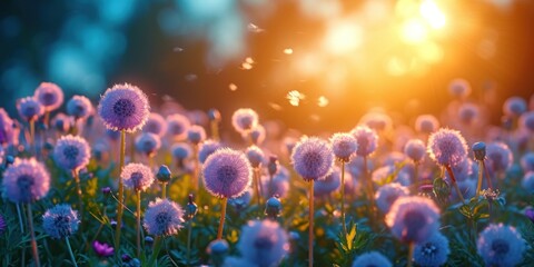 beautiful lavender dandelions in a sunny meadow in the rays of the sun, screensaver, banner