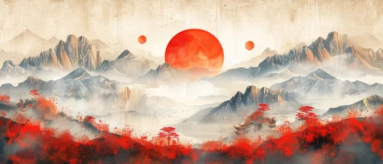 Fototapeten Artistic background with abstract landscape painting. Chinese style, mood landscape painting. Gold textures. Prints, wallpapers, posters, murals and carpets. Modern art. © Zaleman